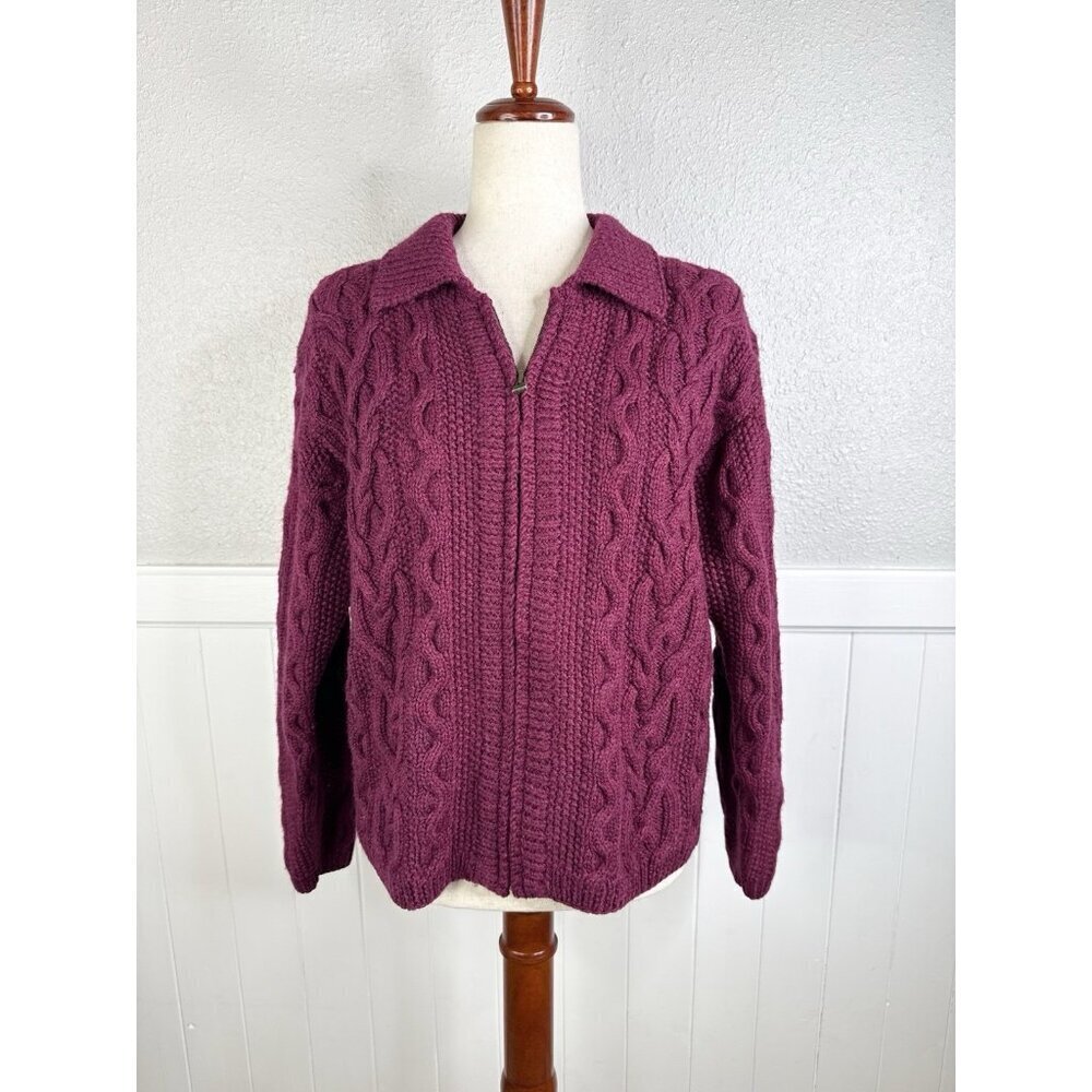 Vtg Cable Knit 100% Wool Raspberry Full Zip Sweater Cardigan Women's Size Medium